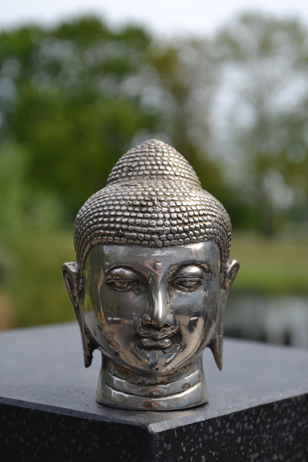Beeldje Boeddha Hoofd Verzilverd Brons 10 cm